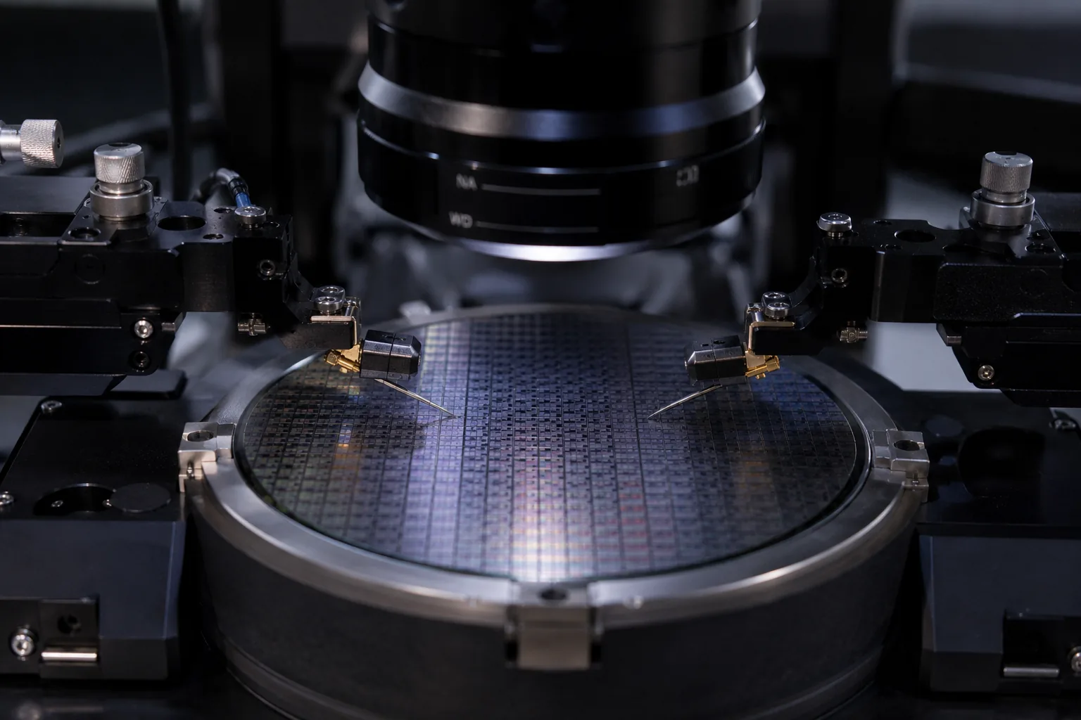 A silicon wafer on a precision probe station under a microscope objective