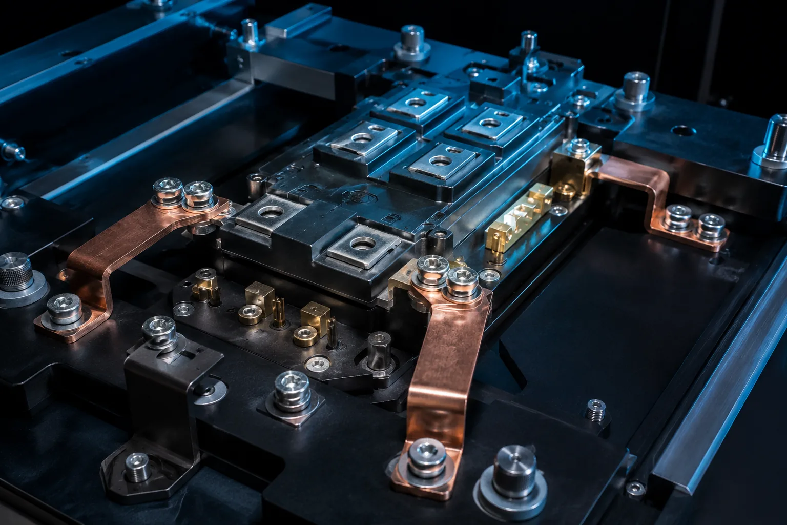 EV power module clamped in a high-current ICT fixture with copper busbars