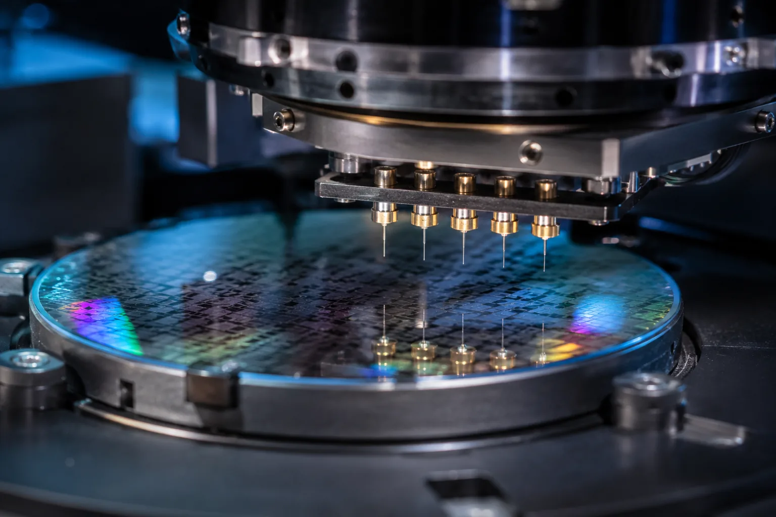 Probe card needles contacting a silicon wafer on a probe station