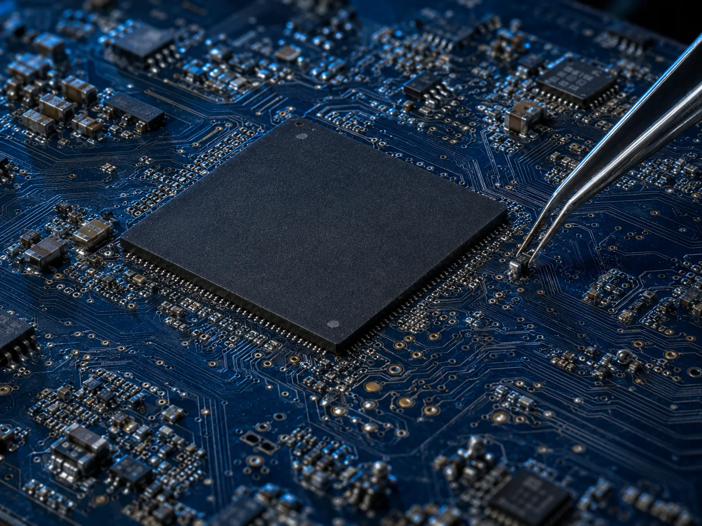 High-density multilayer PCB with a central processor, inspected with precision tweezers