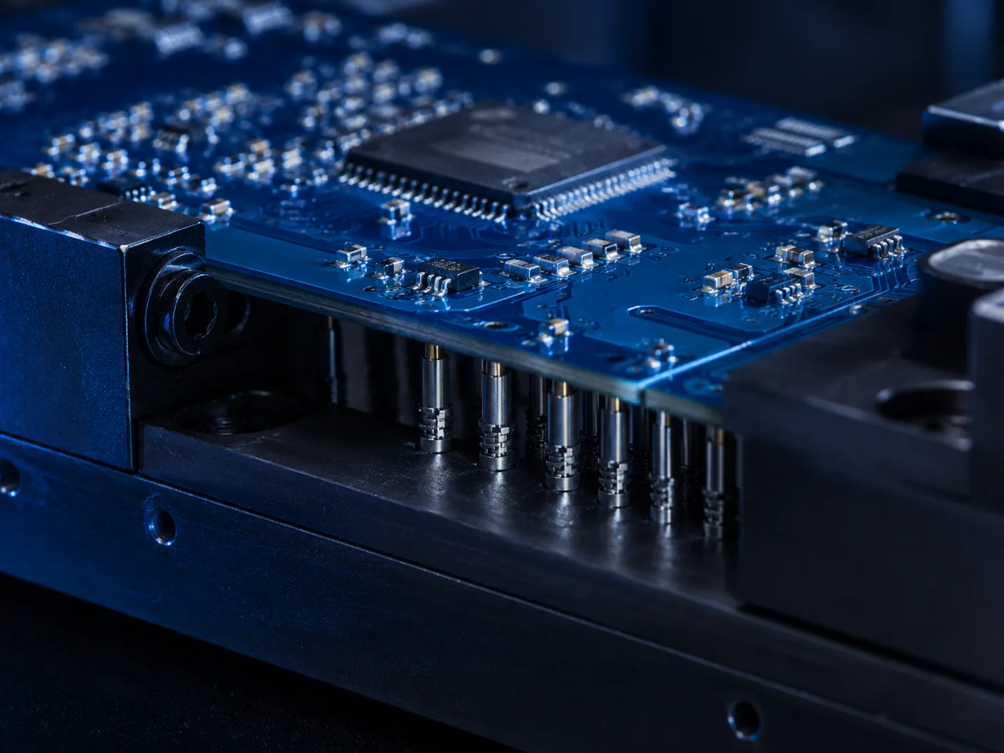 A circuit board clamped on a bed-of-nails ICT fixture, spring probes contacting the board