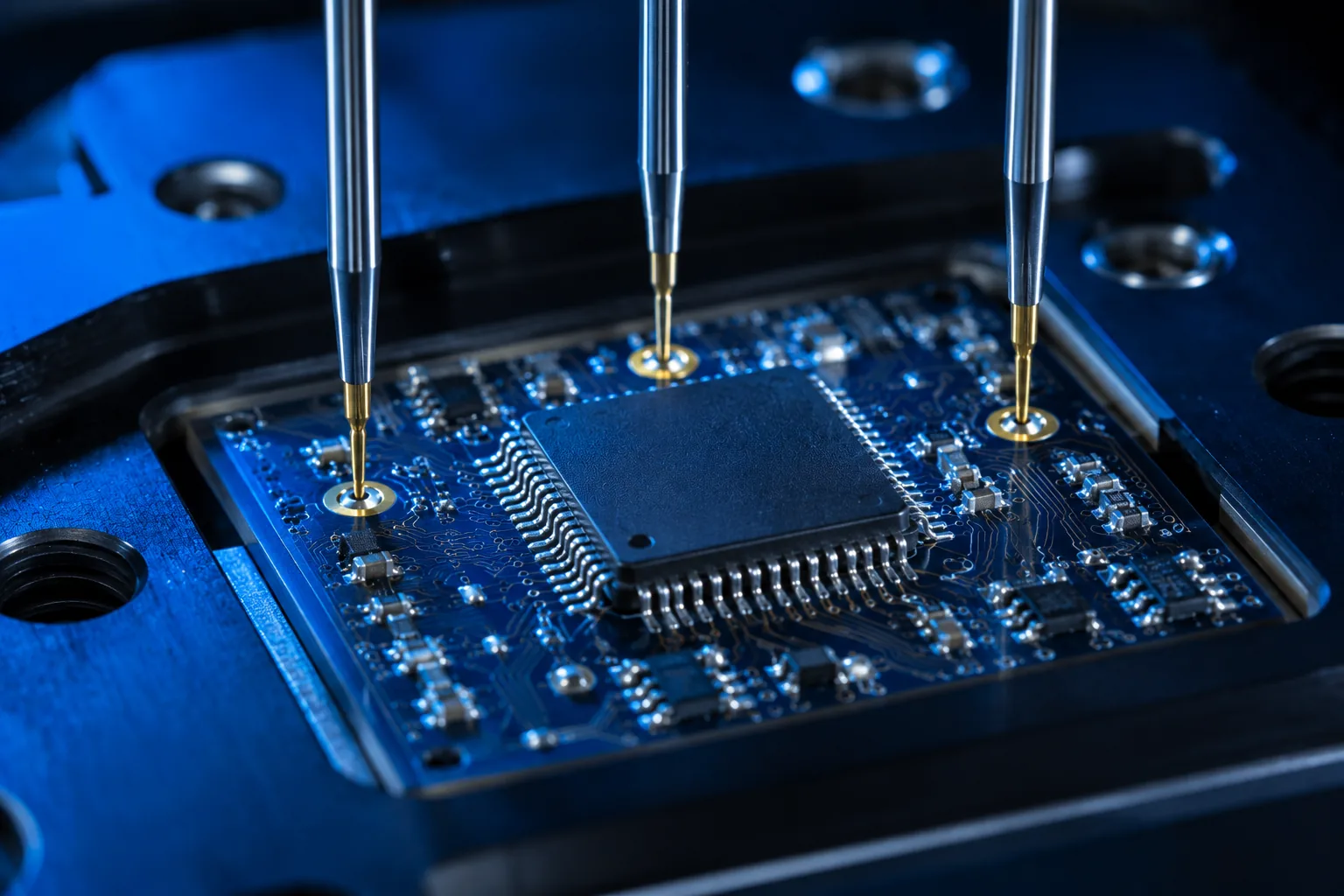 Precision test probes contacting a circuit board on a Corgent test fixture